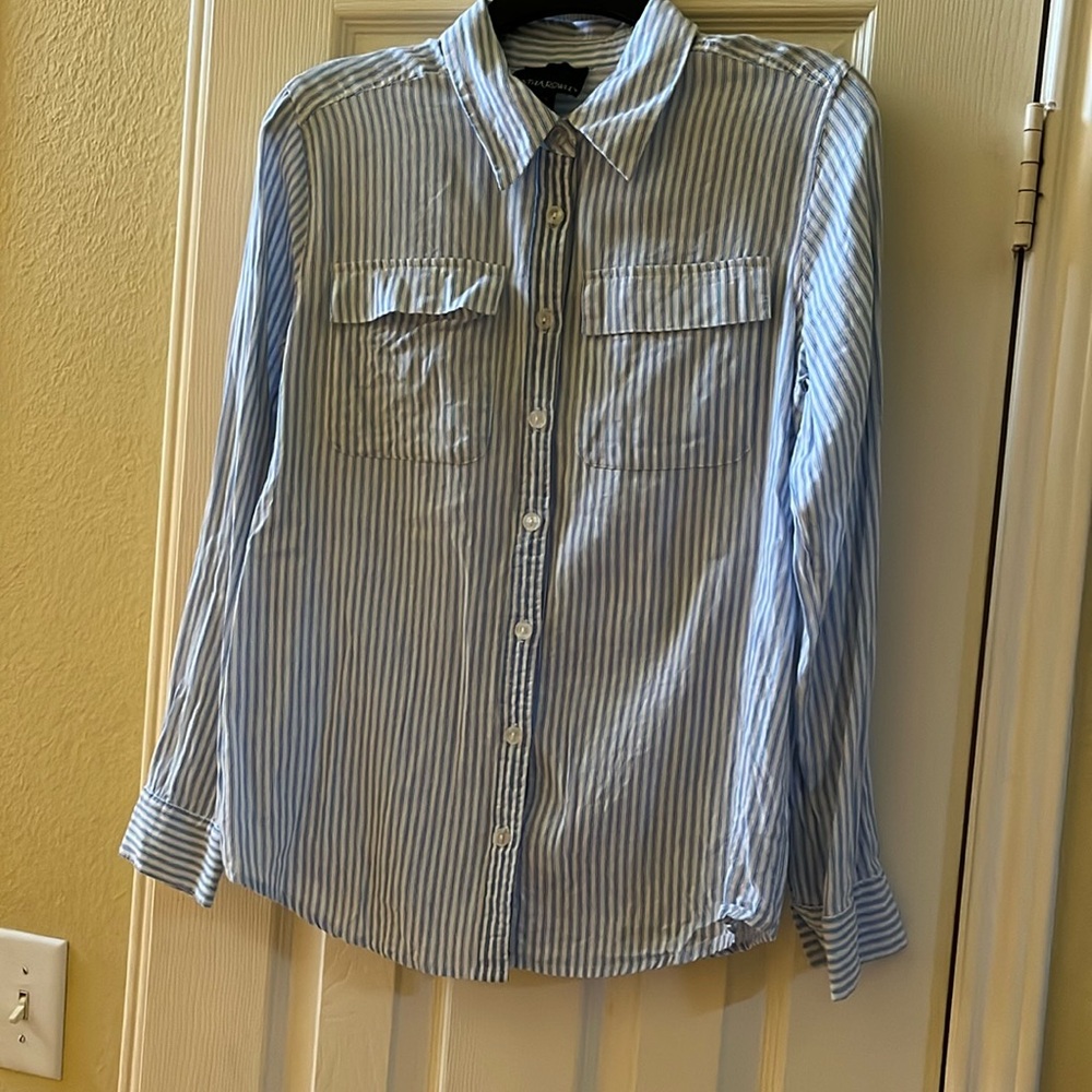 Cynthia Rowley-Linen Blend-Blue And White Striped Shirt-Small
